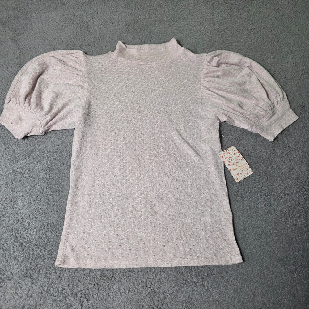 Free People Womens M Top Pink Nectar OB993140 Pointelle Puff Sleeve Mock Neck